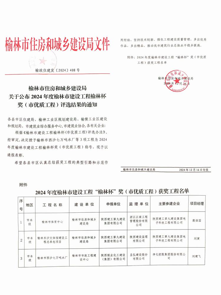 榆林市西沙七萬(wàn)噸水廠(chǎng)建設(shè)項(xiàng)目喜獲“榆林杯”